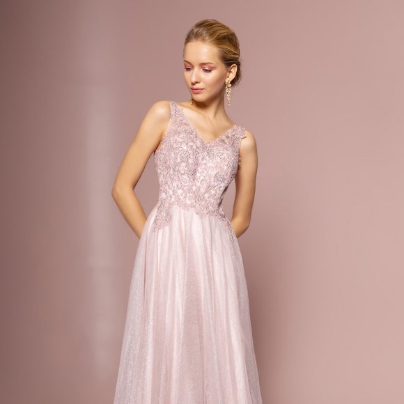 NEW LONG SLEEVELESS A-LINE MESH DRESS EMBROIDERED WITH LACE & RHINESTONES GL2692